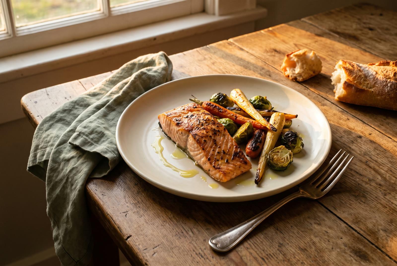 An evening dinner plate, vegetables and protein served first