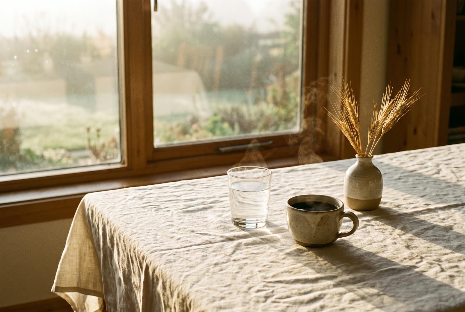 A spare morning table with water and black coffee